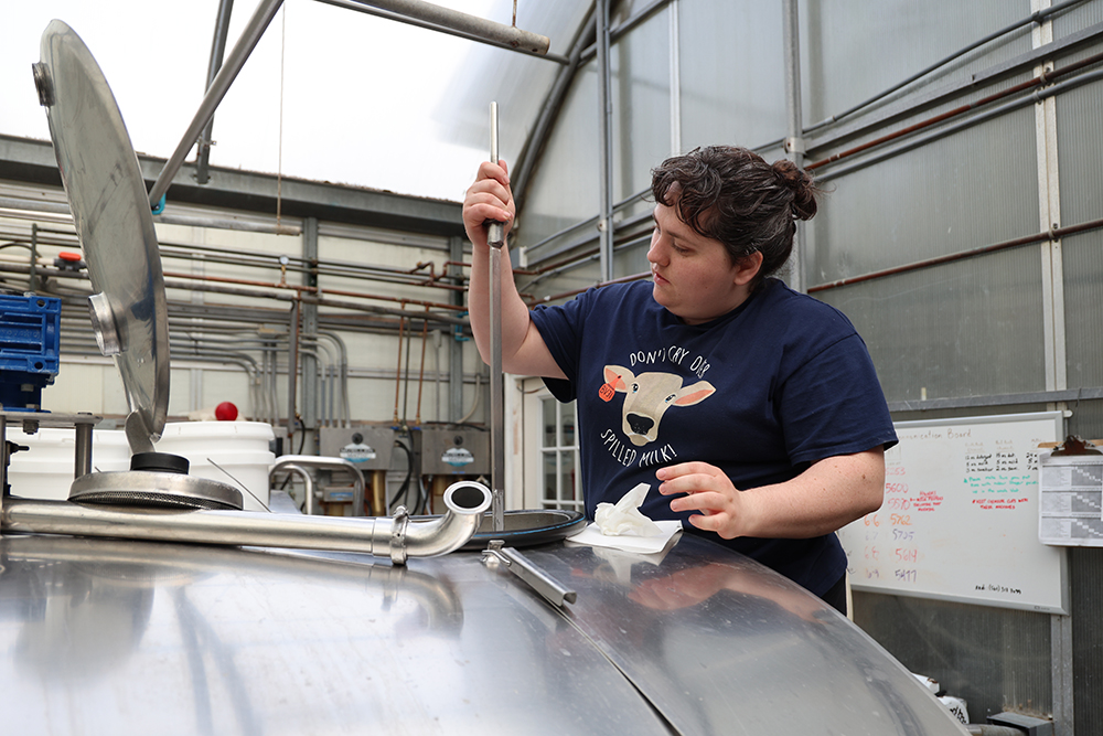 Woman stares at metal measuring stick dipped in big metal milk vat.