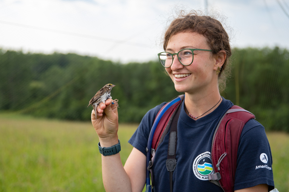 A woman holds onto a small bird in a field, a mist net barely visible behind her.