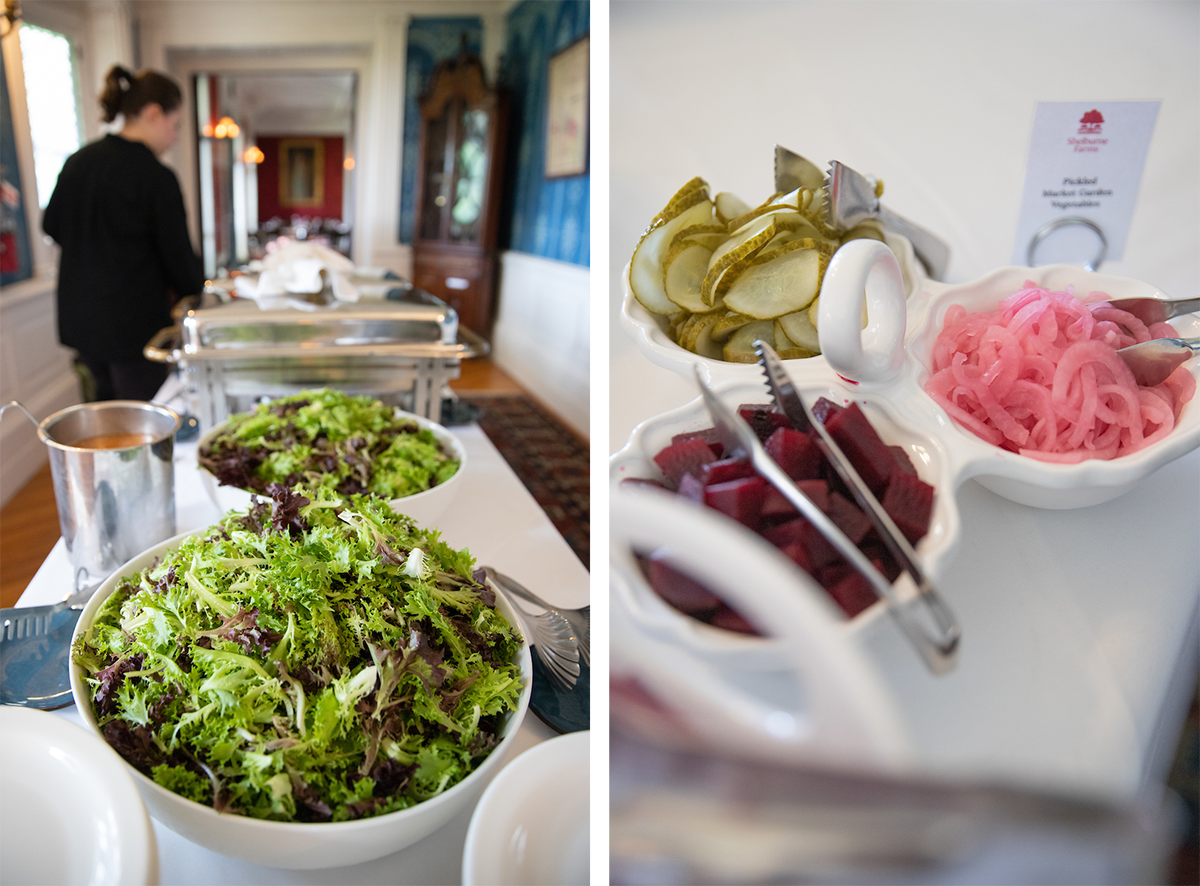 two photos: bowl of lettuce on buffet table with silver trays; second photo: close up of small serving containers of pickled beets, cucumbers, onions