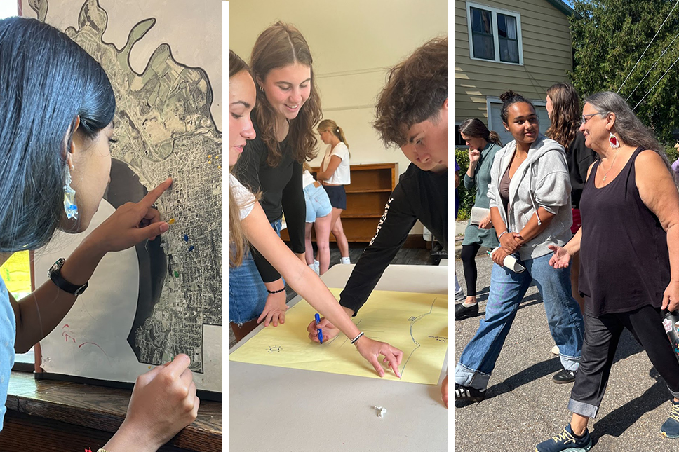 A collage of three images: A high school student inspects a black and white map posted on a wall; three students smile doing an activity on a large sheet of yellow paper on a classroom; a student and adult walk and talk on a city street