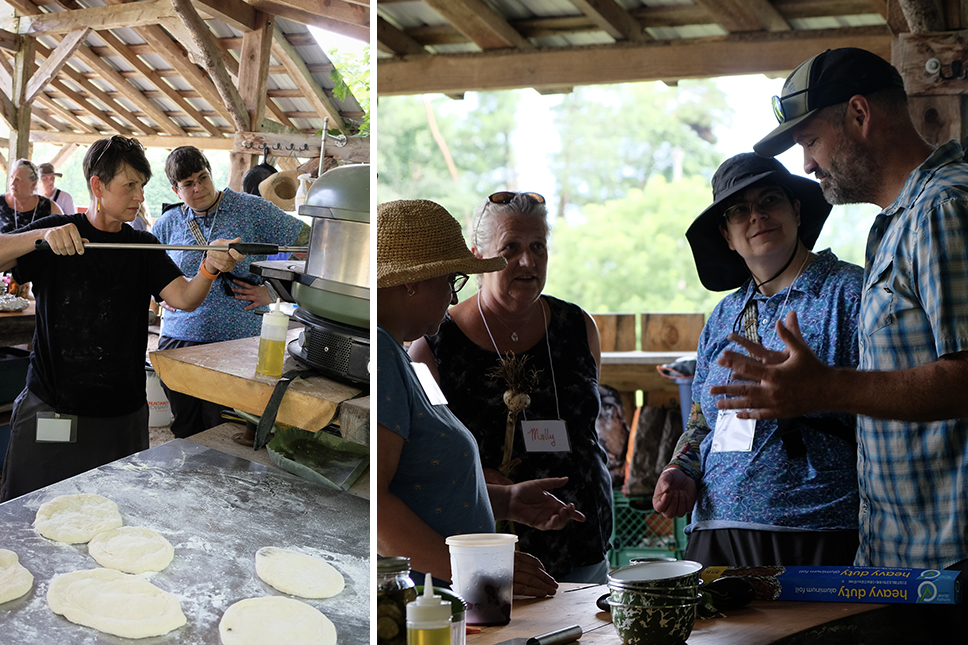 A group of people prepare food in an outdoor kitchen
