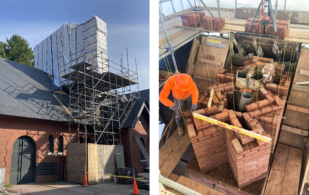 2 photos: Left: Coach Barn with scaffolding and drape around chimney; right: inside the drape, worker places bricks to rebuild chimney