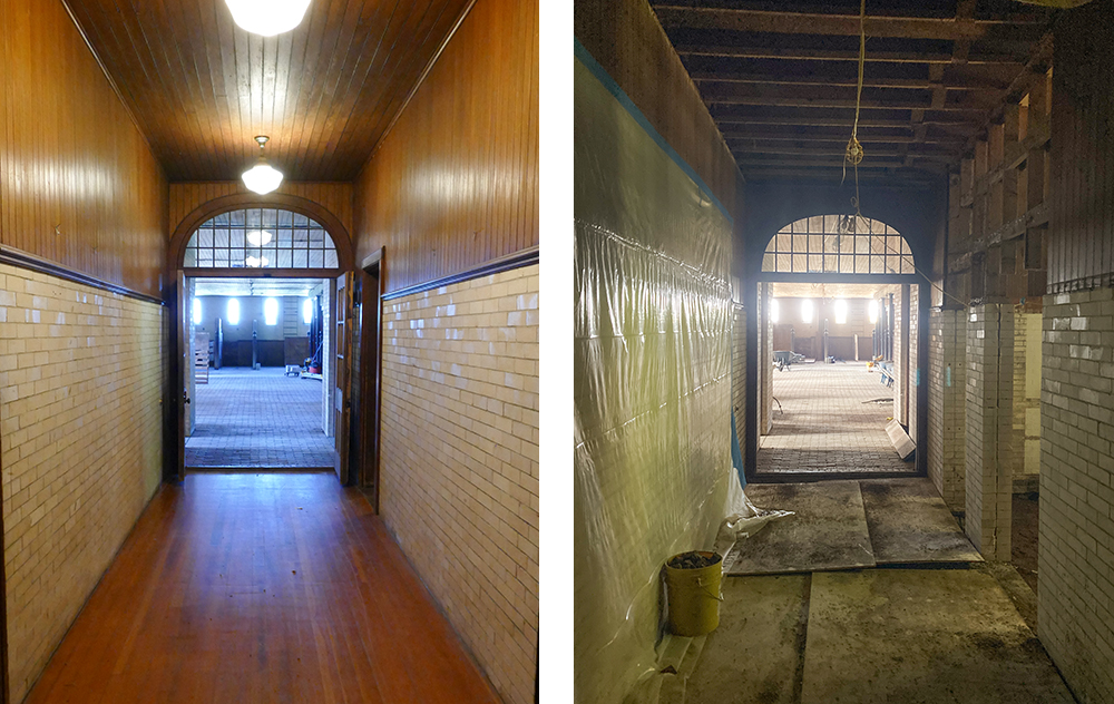 two photos: left: view down hallway with wood paneled floor, ceiling, and upper walls. right: same hallway under construction