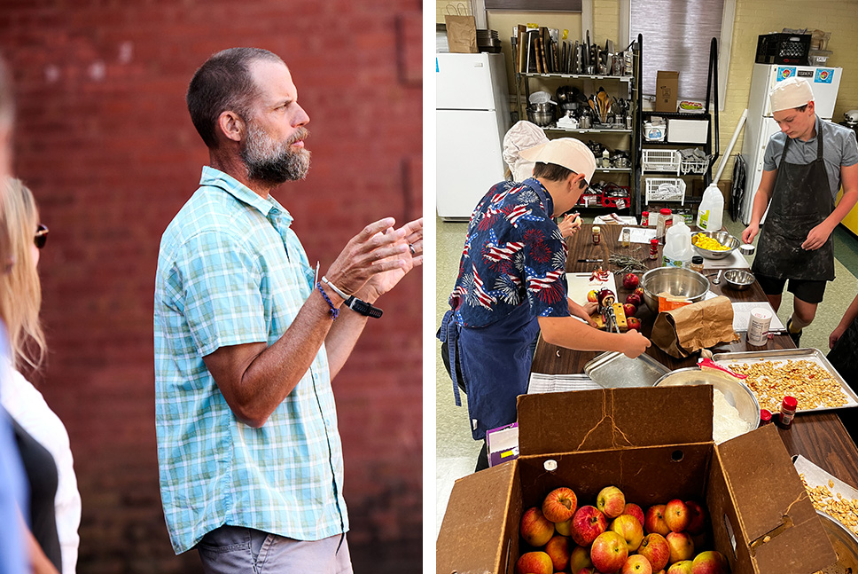 A collage of a teacher speaking at a conference; right, students make applesauce in a school kitchen