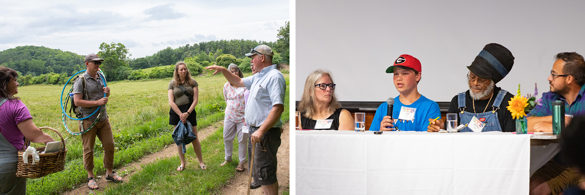 A collage of two images: A small group of adults stand in a grass pasture, and a panel discussion in a wood-lined room of a child and adults