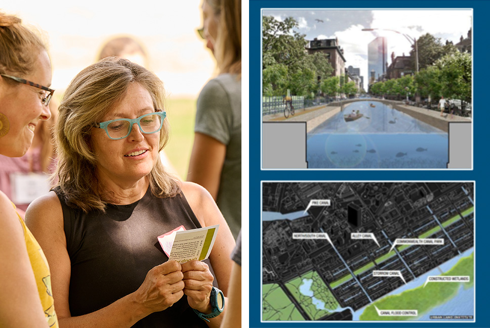 A collage of teachers at a workshop; a presentation slide featuring rendering of so-called canal streets in Boston