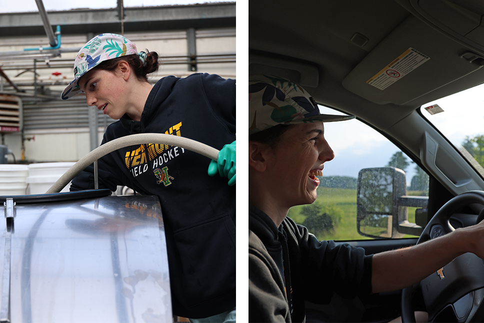 two images: woman with hose filling milk tank, then driving at steering wheel