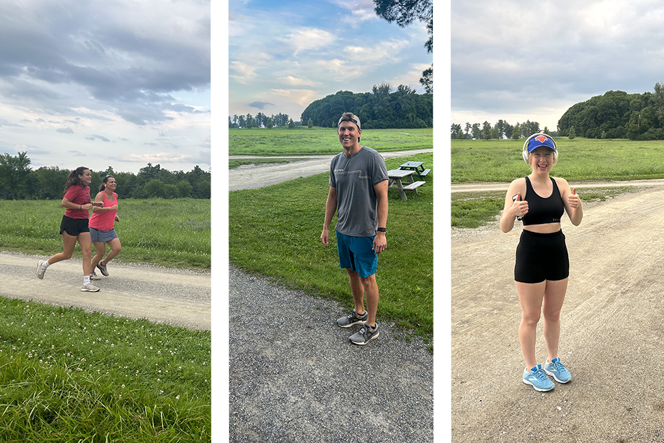 3 separate photos of people running on trails. A pair of women, a man (standing), and women with headset.