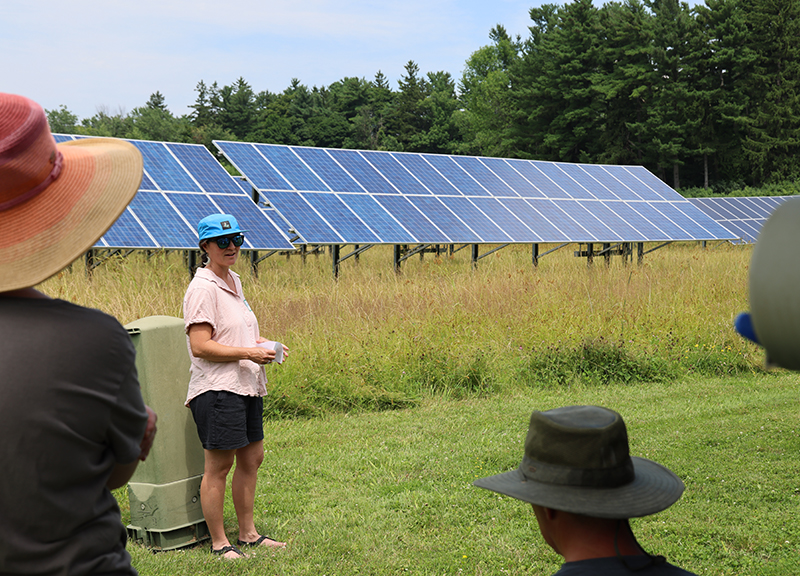 A woman in sunglasses and hat stands in front of a large field of solar panels in summertime. She talks to a group of people with backs to camera.