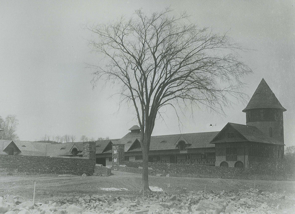 black and white photo of elm tree in front of farm barn, with tower on the right and courtyard wall with only a few capstones installed