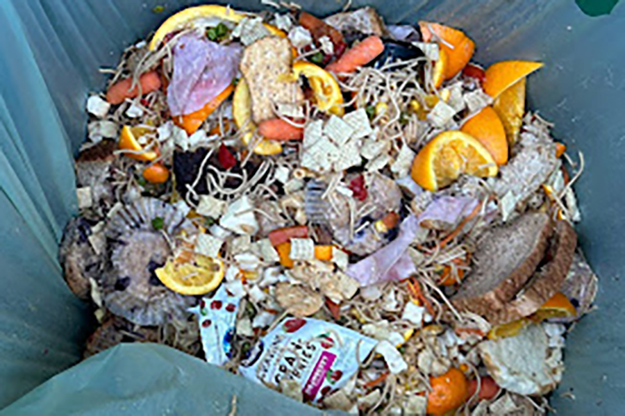 Food waste and wrappers in a compost bin