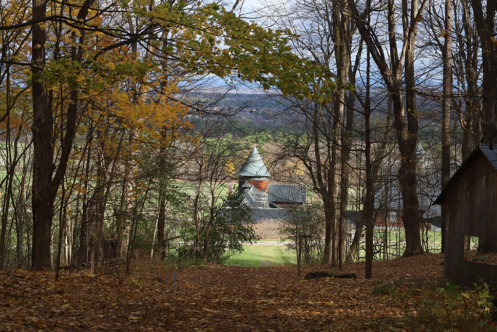 Farm Barn tower is seen through a path in the forest with fall foliage.