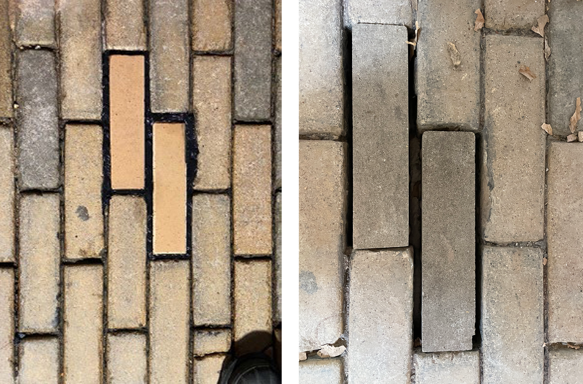 paired photos of cobbles in a stable floor each showing a different color patching cobble