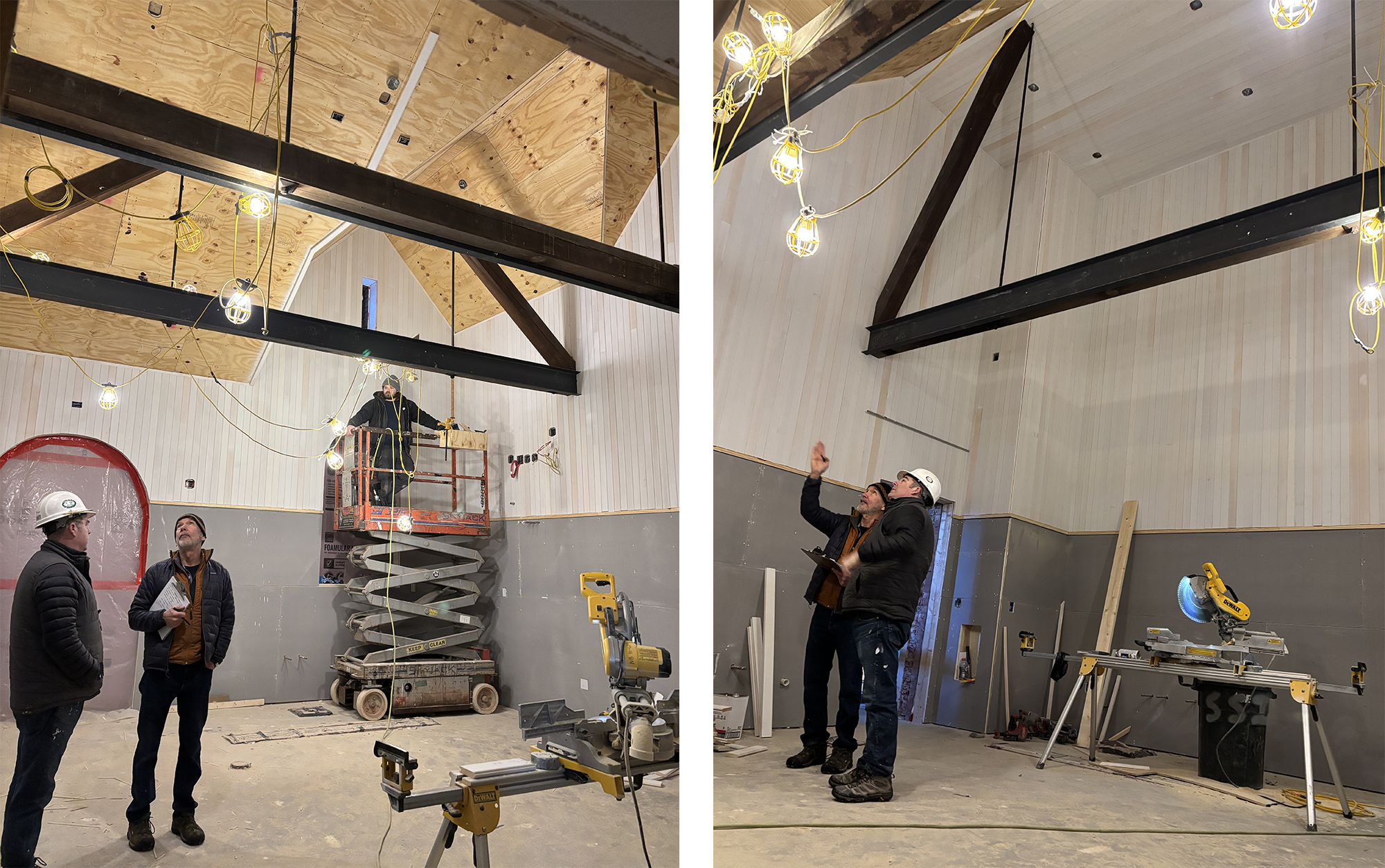 double photo: in each, two construction workers stare at Coach Barn ceiling and walls, covered with plywood and partially sided with wainscotting.