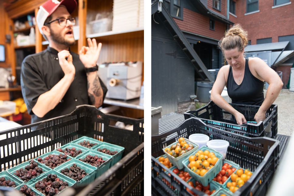 A flat of berries sits on a kitchen counter, a chef animatedly gesturing in the background; a farmer pulls out flats of tomatoes and produce from the bed of a pickup truck.