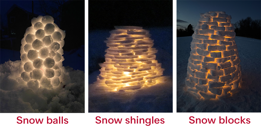 three different snow candles made from snowballs, flat shingles of snow, and cut blocks of snow