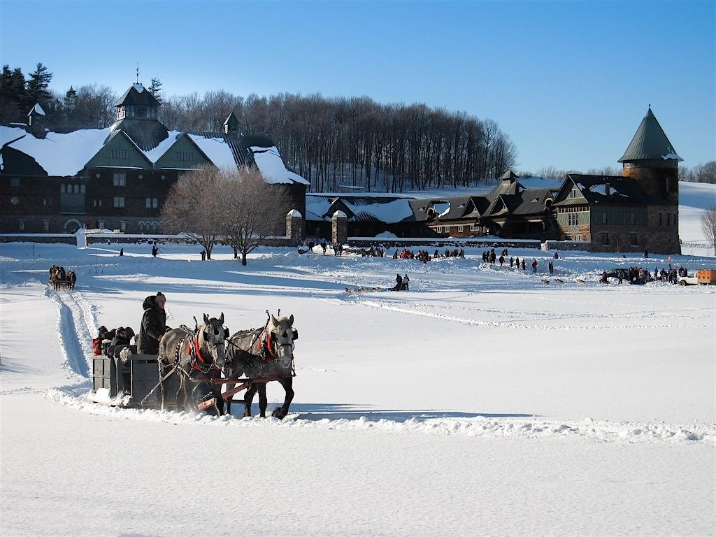 horse drawn wagon ride in snow