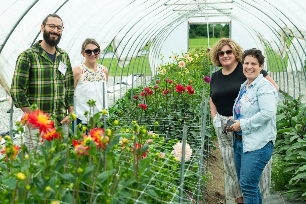 Four adult stand together in a garden hoop house with dahlias.