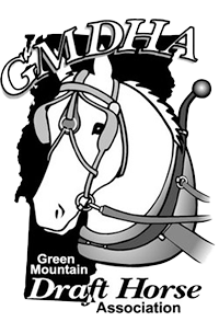 Logo for "Green Mountain Draft Horse Association" featuring a white horse's face superimposed over the shape of the state of Vermont.