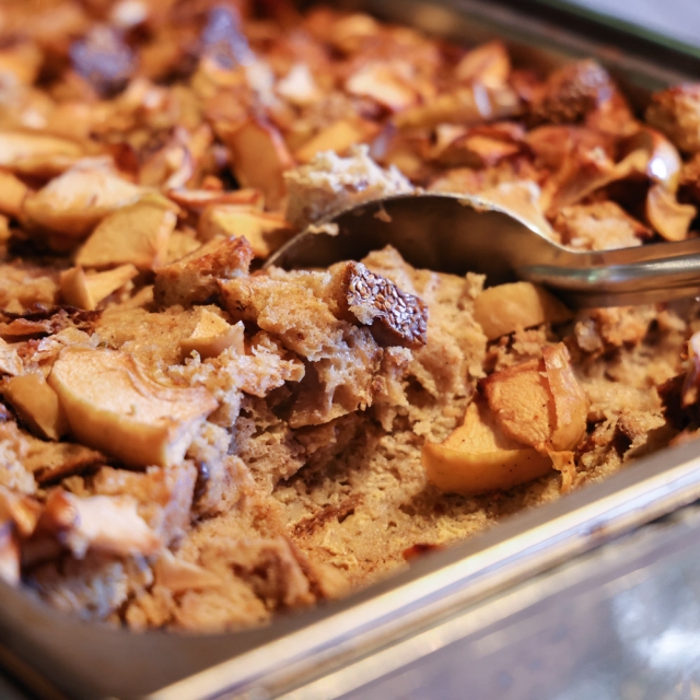 A tray of a baked bread pudding