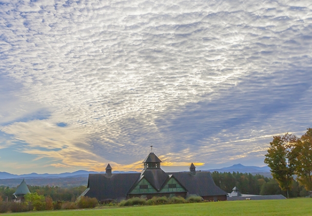 lots of morning mackerel sky with Farm Barn at the  bottom of image