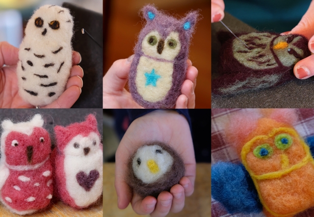 A collage of colorful felted owls