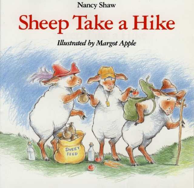 Book cover: illustration of 3 sheep standing on back legs in hiking outfits