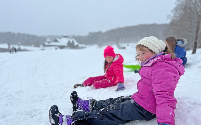 kids sit in the snow atop a hill