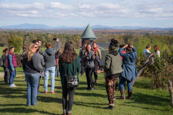 Students and facilitators in Education Garden at Shelburne Farms in fall