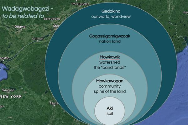 A graphic of Wadagwobagezi, over a map of New England