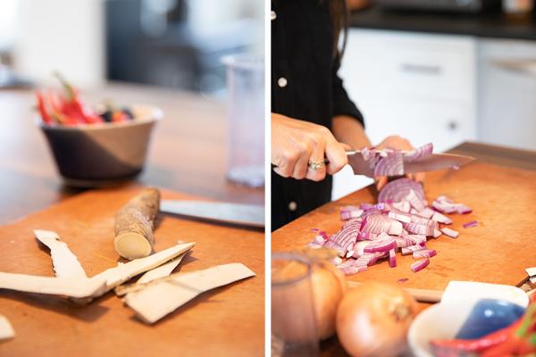 Fresh horseradish and onions are prepared for steeping.