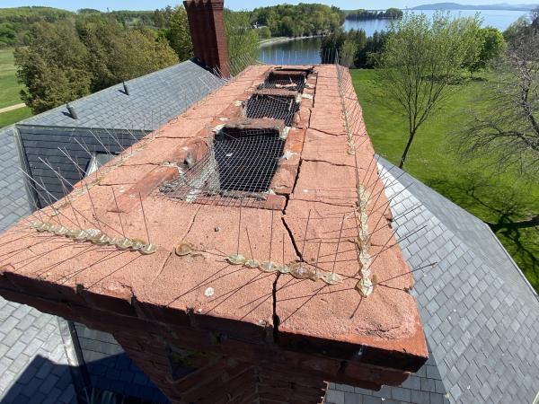 Looking over the very top of one chimney