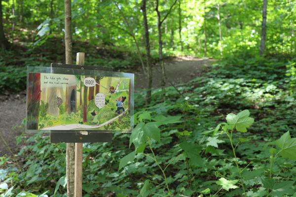 page of a book installed on a stake in the woods