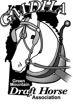 Logo for "Green Mountain Draft Horse Association" featuring a white horse's face superimposed over the shape of the state of Vermont.