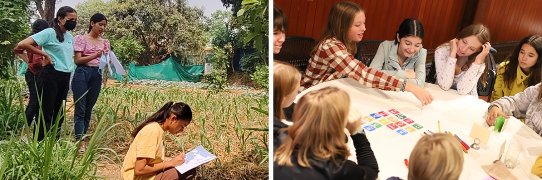 A collage of students doing group activities in an outdoor field and around an indoor table