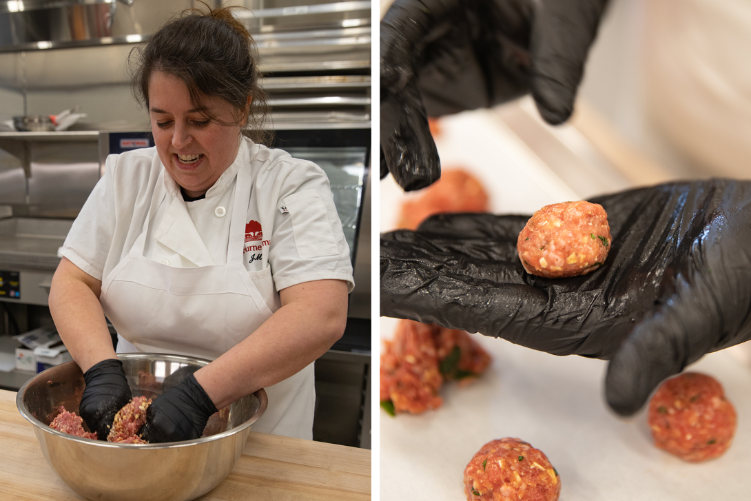 A person is preparing meatballs, wearing a white chef's coat. The left image shows mixing ingredients in a large metal bowl. The right side displays a close-up of gloved hands shaping a small meatball.